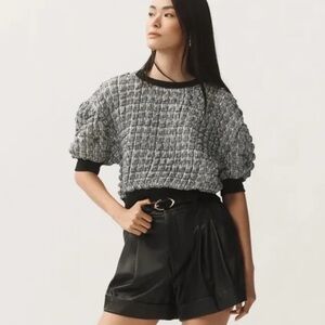 NWT Anthropologie Maeve Black Gray and White Plaid Puff Sleeve Bubble Top XS